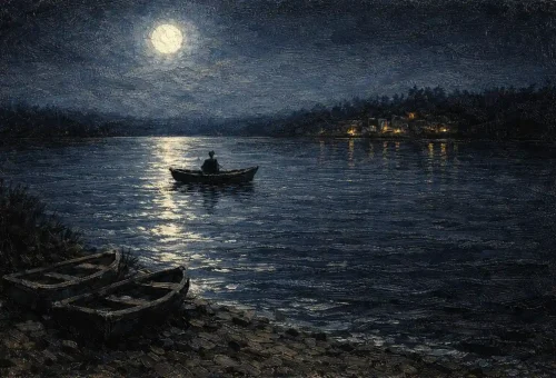 Moon-Passage_oil painting-on-canvas-of-a-moonlit-lake-at-night